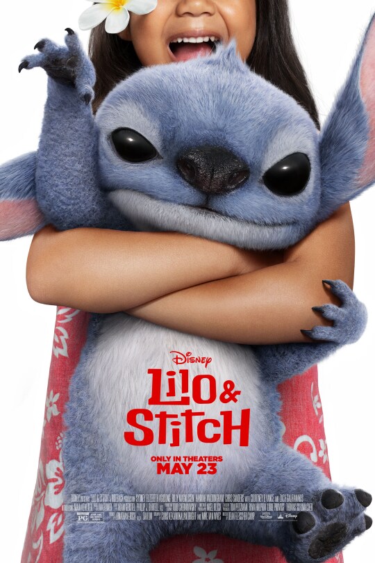 Image of Lilo holding Stitch | Disney | Lilo & Stitch | Only in theaters May 23 | Rated PG | movie poster
