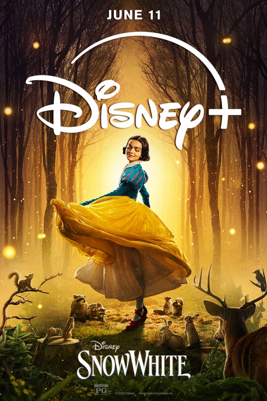 Image of Snow White (actor Rachel Zegler) twirling her dress in a forest surrounded by animals. | June 11 | Disney+ | Disney | Snow White | Rated PG | movie poster