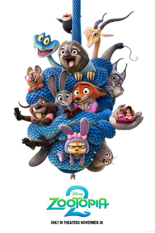 Animated image of rabbit Judy Hopps (voice of Ginnifer Goodwin), fox Nick Wilde (voice of Jason Bateman) wrapped up in a knot with several other animals by a snake called Gary De’Snake (voice of Ke Huy Quan). | Disney | Zootopia 2 | Only in theaters November 26 movie poster