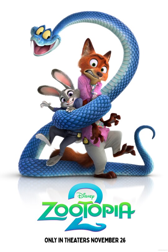Animated image of rabbit Judy Hopps (voice of Ginnifer Goodwin), fox Nick Wilde (voice of Jason Bateman) and a snake called Gary De’Snake (voice of Ke Huy Quan). | Disney | Zootopia 2 | Only in theaters November 26 movie poster