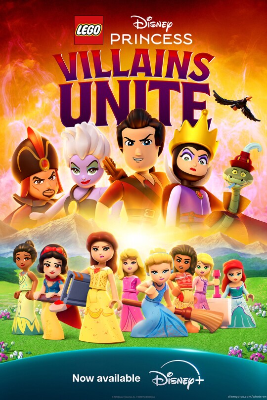Still image of illustrated characters from LEGO® Disney Princess: Villains Unite | Now available | Disney+ | movie poster