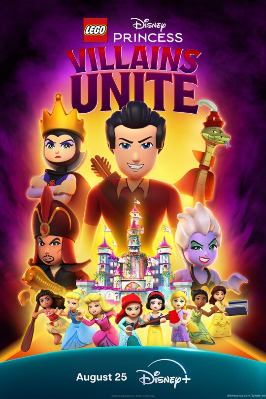 Still image of illustrated characters from LEGO® Disney Princess: Villains Unite | August 25 | Disney+ | movie poster