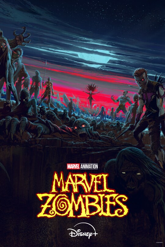 Illustrated still image of zombies with glowing eyes at night from the Disney+ Original series, "Marvel Animation's Marvel Zombies." | Disney+ | movie poster