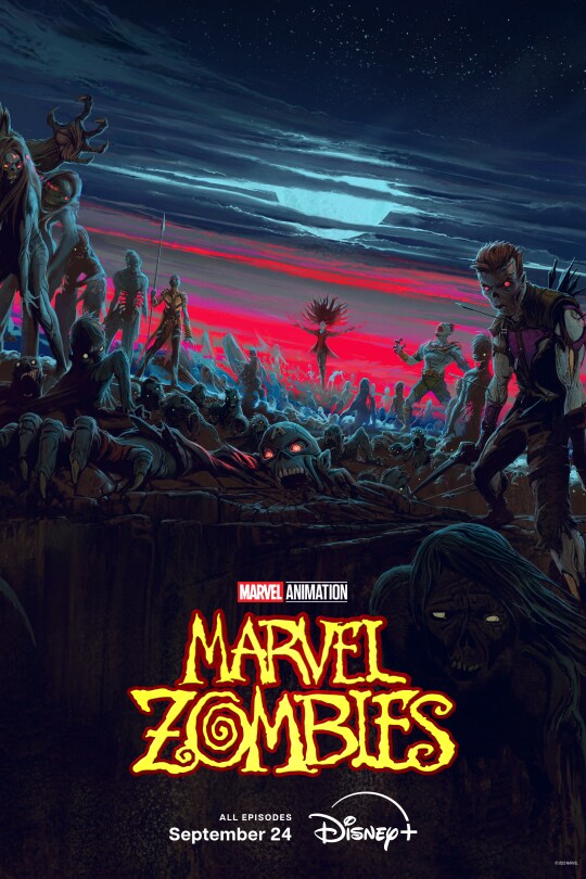 Illustrated still image of zombies with glowing eyes at night from the Disney+ Original series, "Marvel Animation's Marvel Zombies." | All episodes September 24 | Disney+ | movie poster