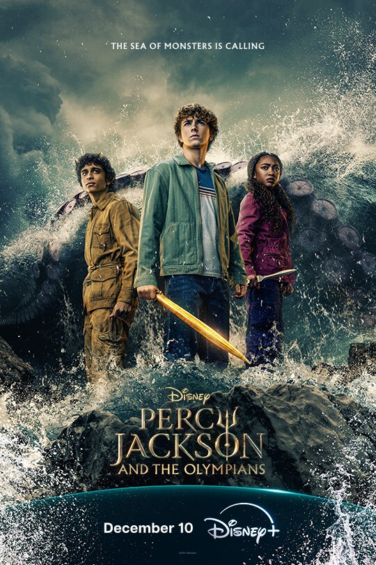 Grover Underwood, Percy Jackson, and Annabeth Chase stand in a stormy ocean with a tentacle rising out of it | The Sea of Monsters is calling | Percy Jackson and the Olympians | December 10 | Disney+ | Series poster