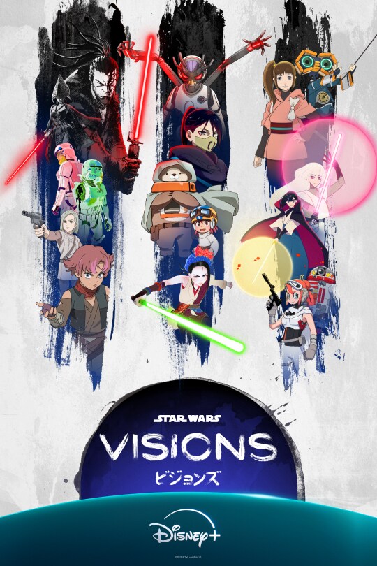 Still image of illustrated characters from Star Wars: Visions Volume 3 filling in the Roman numeral "3." | Star Wars: Visions Volume 3 | Disney+ | movie poster