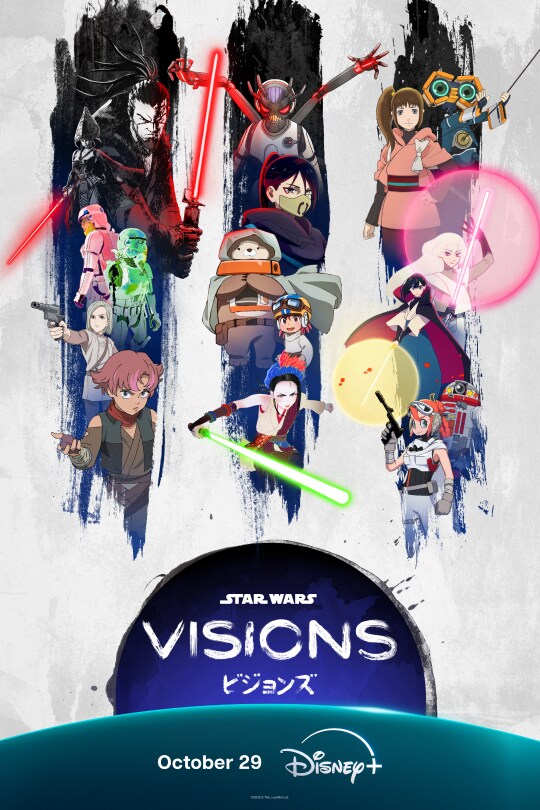 Still image of illustrated characters from Star Wars: Visions Volume 3 filling in the Roman numeral "3." | Star Wars: Visions Volume 3 | October 29 | Disney+