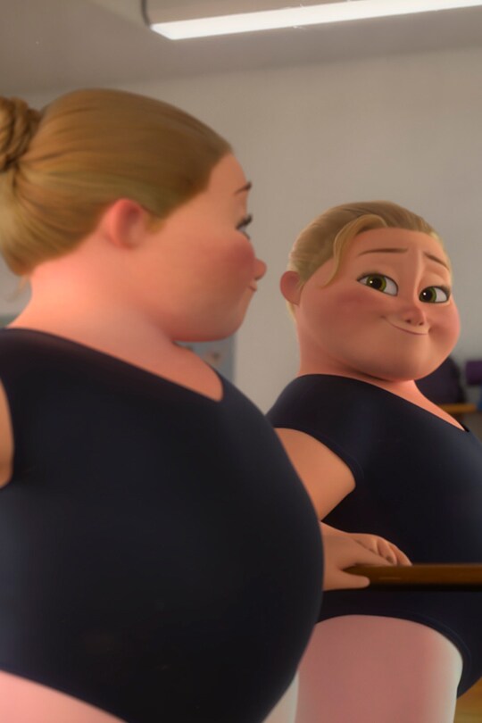 A ballerina smiling while looking at a reflection of herself in a dance studio mirror. | From the Disney Short Circuit film "Reflect".