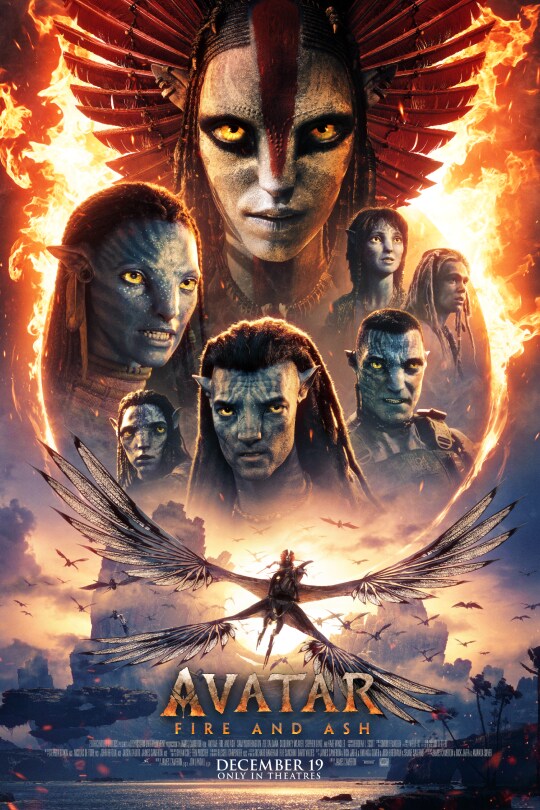 Image of several profiles of characters including Varang, Neytiri, Jake Sully, Colonel Miles Quaritch, Spider, and Kiri.  There is a winged creature below their images. | Avatar: Fire and Ash | December 19 | Only in theatres | movie poster