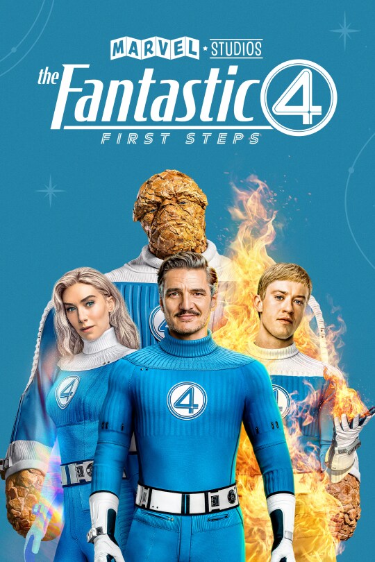 Image of Ebon Moss-Bachrach as Ben Grimm/The Thing, Joseph Quinn as Johnny Storm/Human Torch, Vanessa Kirby as Sue Storm/Invisible Woman and Pedro Pascal as Reed Richards/Mister Fantastic | Marvel Studios | The Fantastic Four: First Steps | movie poster