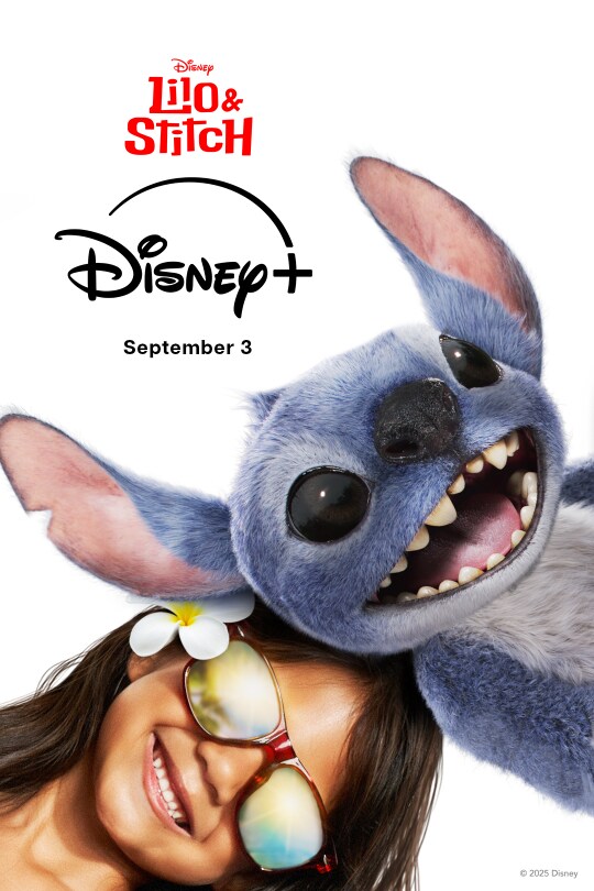 Image of Lilo wearing sunglasses smiling next to Stitch | Disney | Lilo & Stitch | Disney+ | September 3 | movie poster