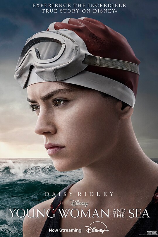 Experience the incredible true story on Disney+ | Daisy Ridley | Disney | Young Woman and the Sea | July 19 | movie poster