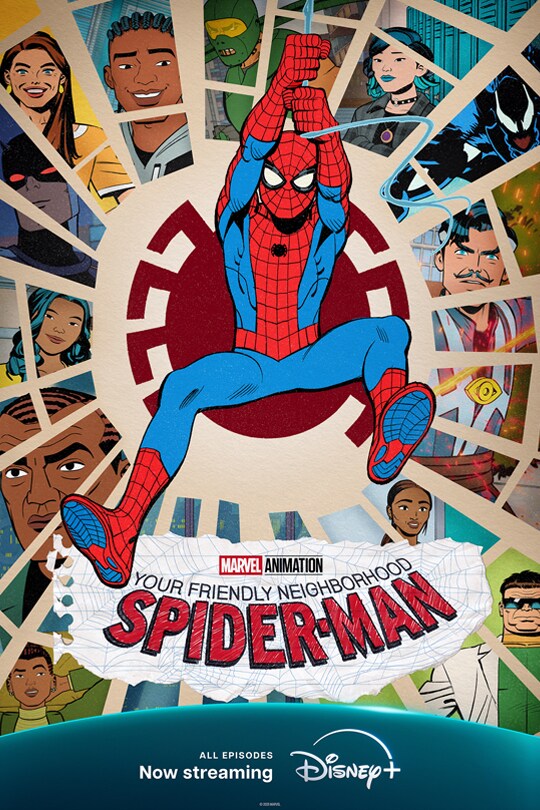 Animated image of Spider-Man swinging on a web with several animated characters in the background | Marvel Animation | Your Friendly Neighborhood Spider-Man | All episodes now streaming | Disney+ | movie poster