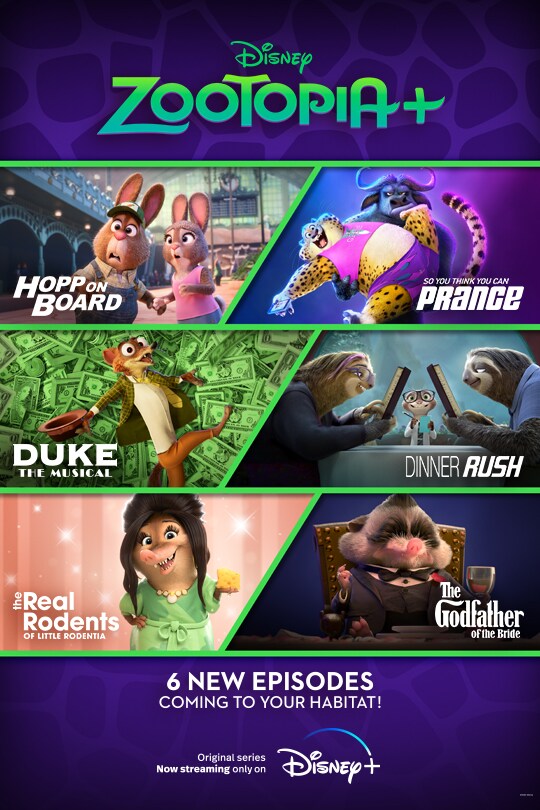 Zootopia+ | Hopp on Board | So You Think You Can Prance | Duke: The Musical | Dinner Rush | The Real Rodents of Little Rodentia | The Godfather of the Bride | 6 new episodes coming to your habitat! | Original series now streaming only on Disney+ | movie poster