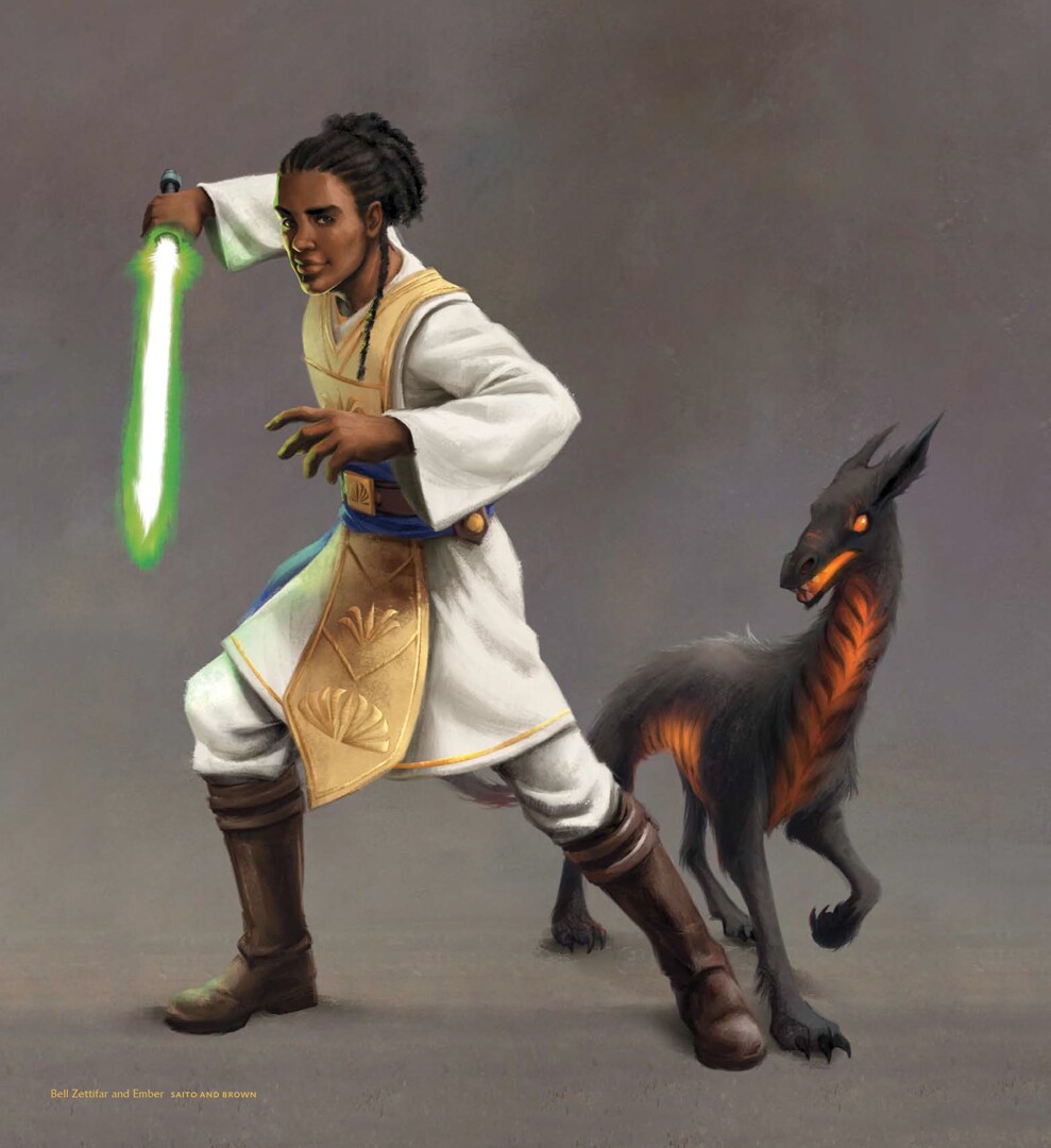 Bell Zettifar, Padawan of the High Republic, is often accompanied by his charhound buddy Ember.