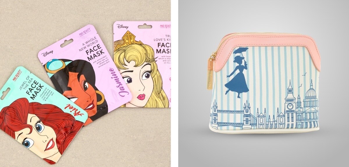 Una selección de máscaras de belleza de temática Disney Princess y una bolsa de lavado Mary Poppins