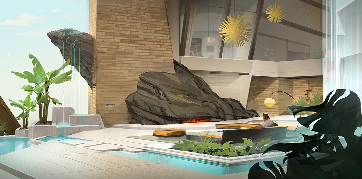 Concept art of a luxurious mid-century modern home with a large rock in the center of a grad room. A sunken orange couch is surrounded by small pools.