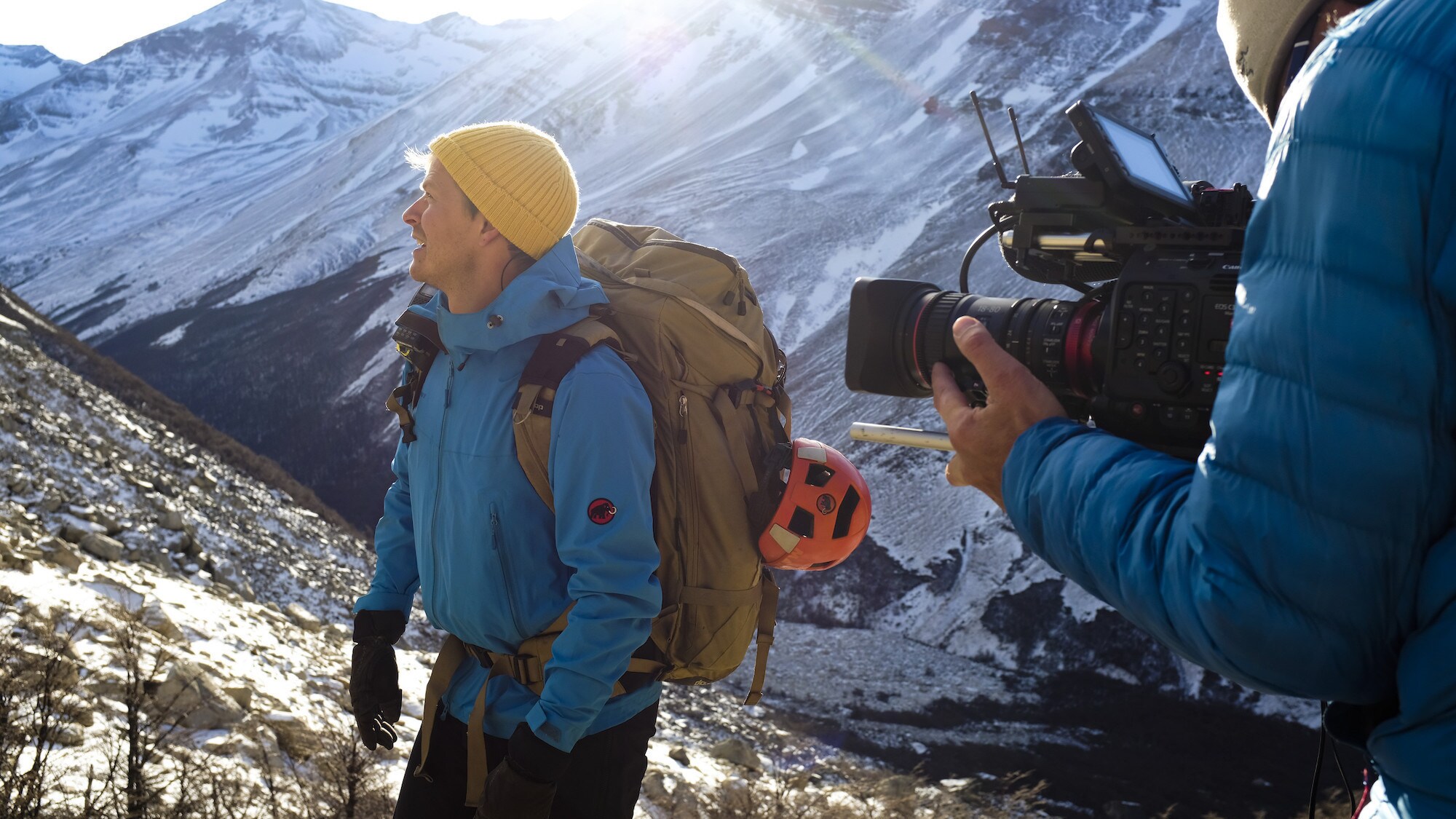 Bertie Gregory being filmed in Patagonia.  (National Geographic for Disney+/Will West)