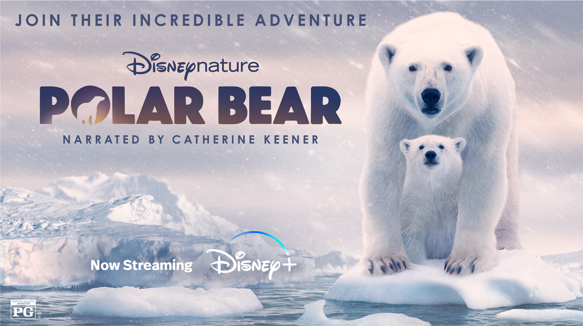 A mother polar bear shelters her child between her legs while standing on an iceberg on the poster for Polar Bear
