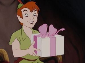 Peter Pan holding a gift
