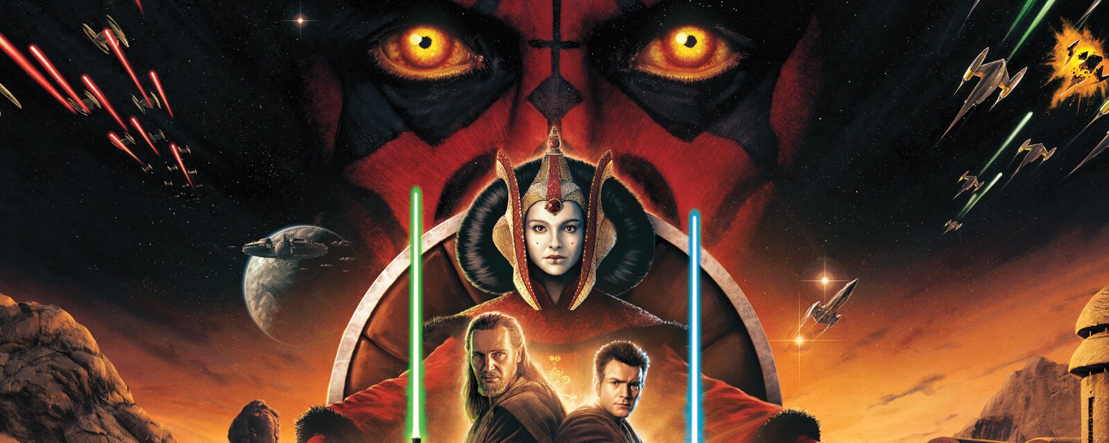 Star Wars: The Phantom Menace poster by Matt Ferguson, featuring Darth Maul, Obi-Wan Kenobi and Qui-Jinn, Padme Amidala, and more.