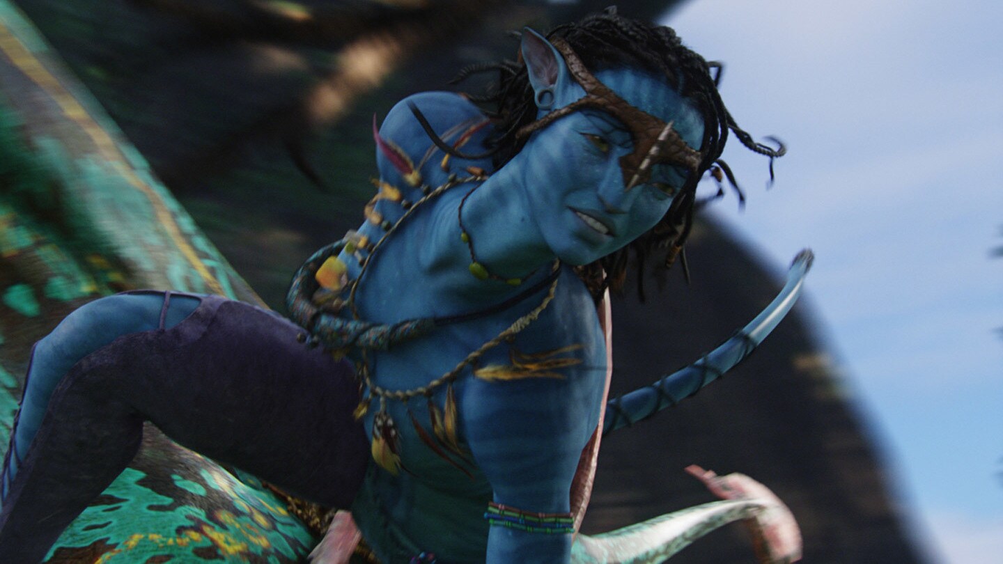 Neytiri played by Zoe Saldana soars on her Ikran