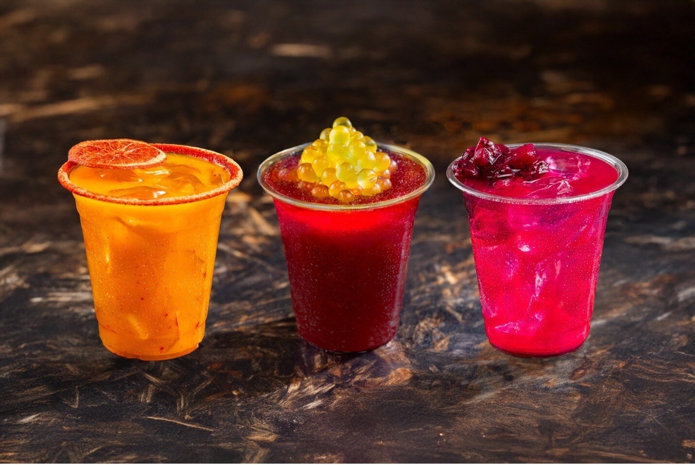 From left to right: Trader’s Tailwind, Yovo Fruit Margarita, Nightwraith Blaze