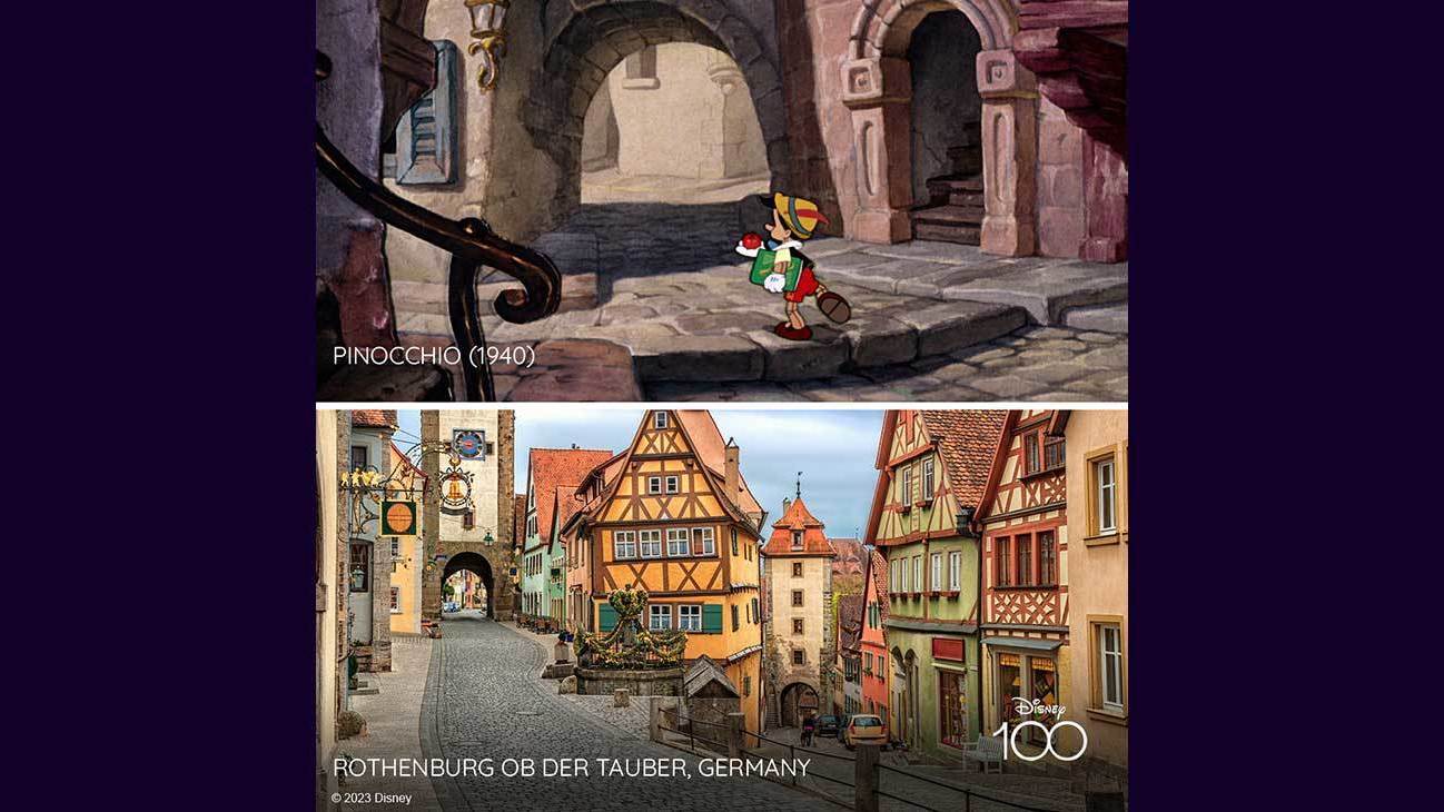 Scene from Pinocchio (1940) and image of Rothenburg ob der Tauber, Germany