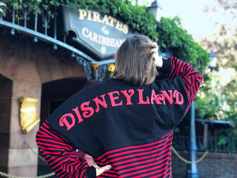 Model wearing black and red striped 'Pirates of the Caribbean' Spirit Jersey