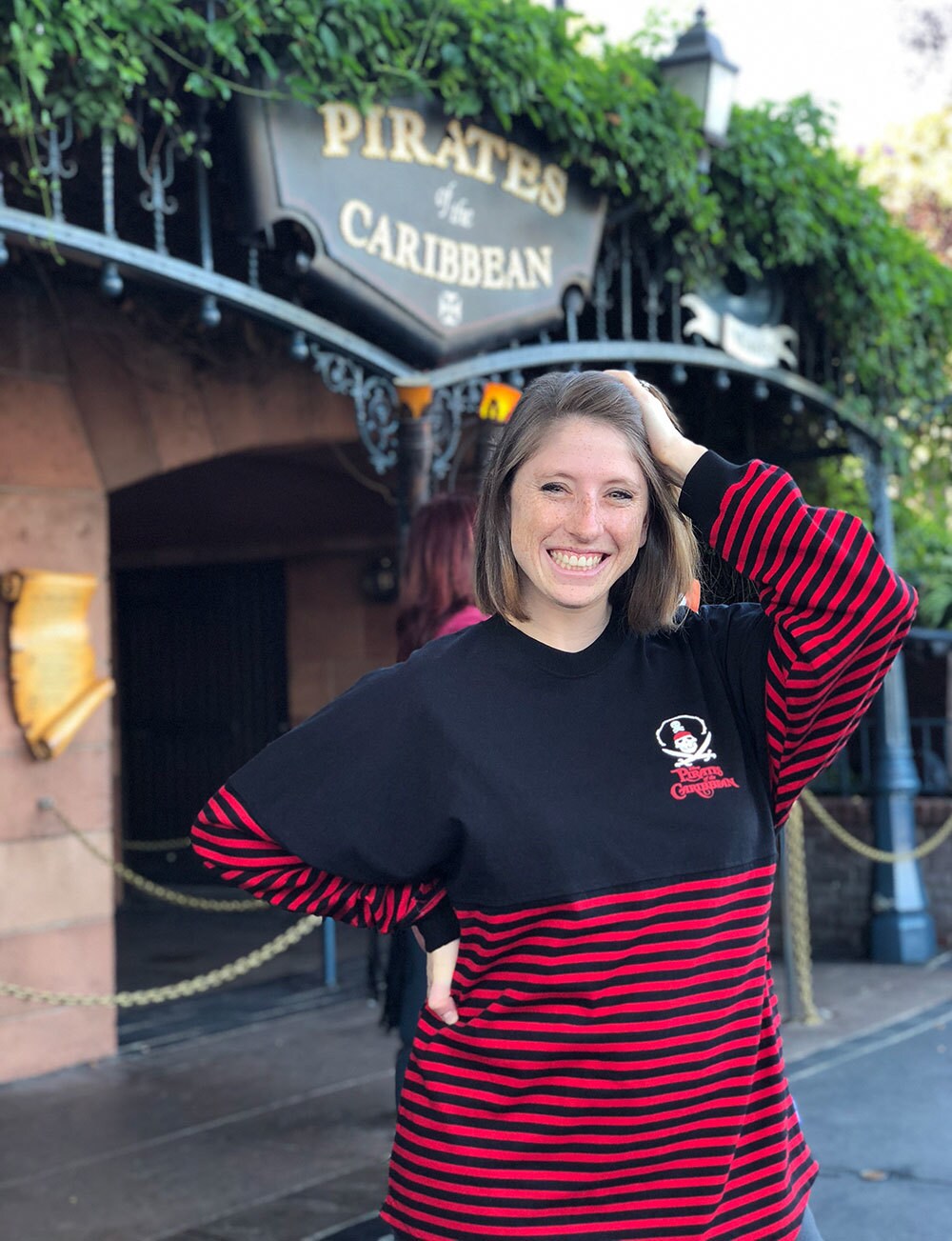 Model wearing black and red striped 'Pirates of the Caribbean' Spirit Jersey