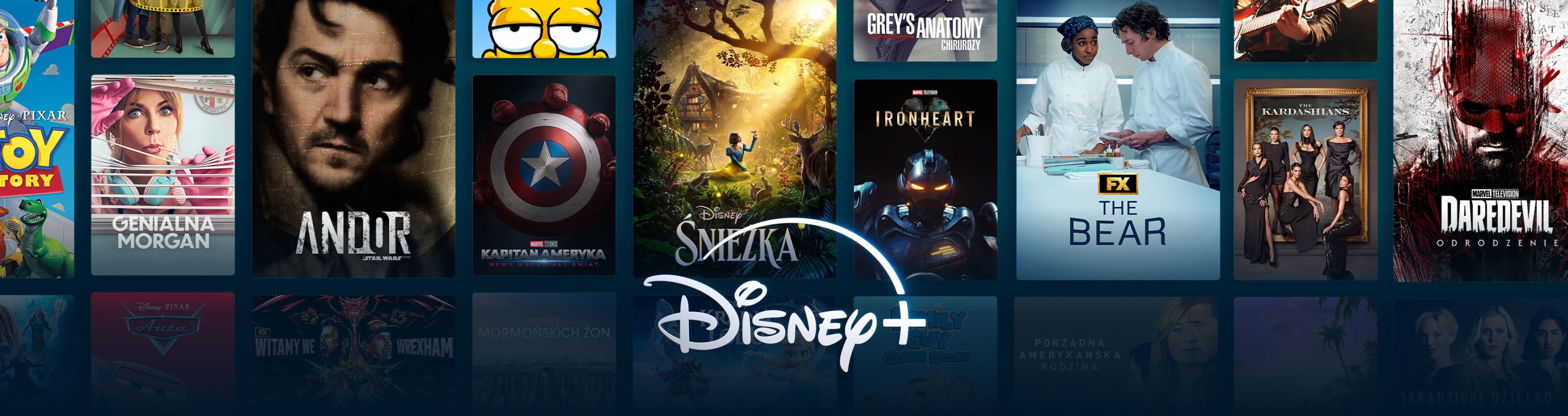 Kafelki przedstawiające duży wybór treści dostępnych w Disney+