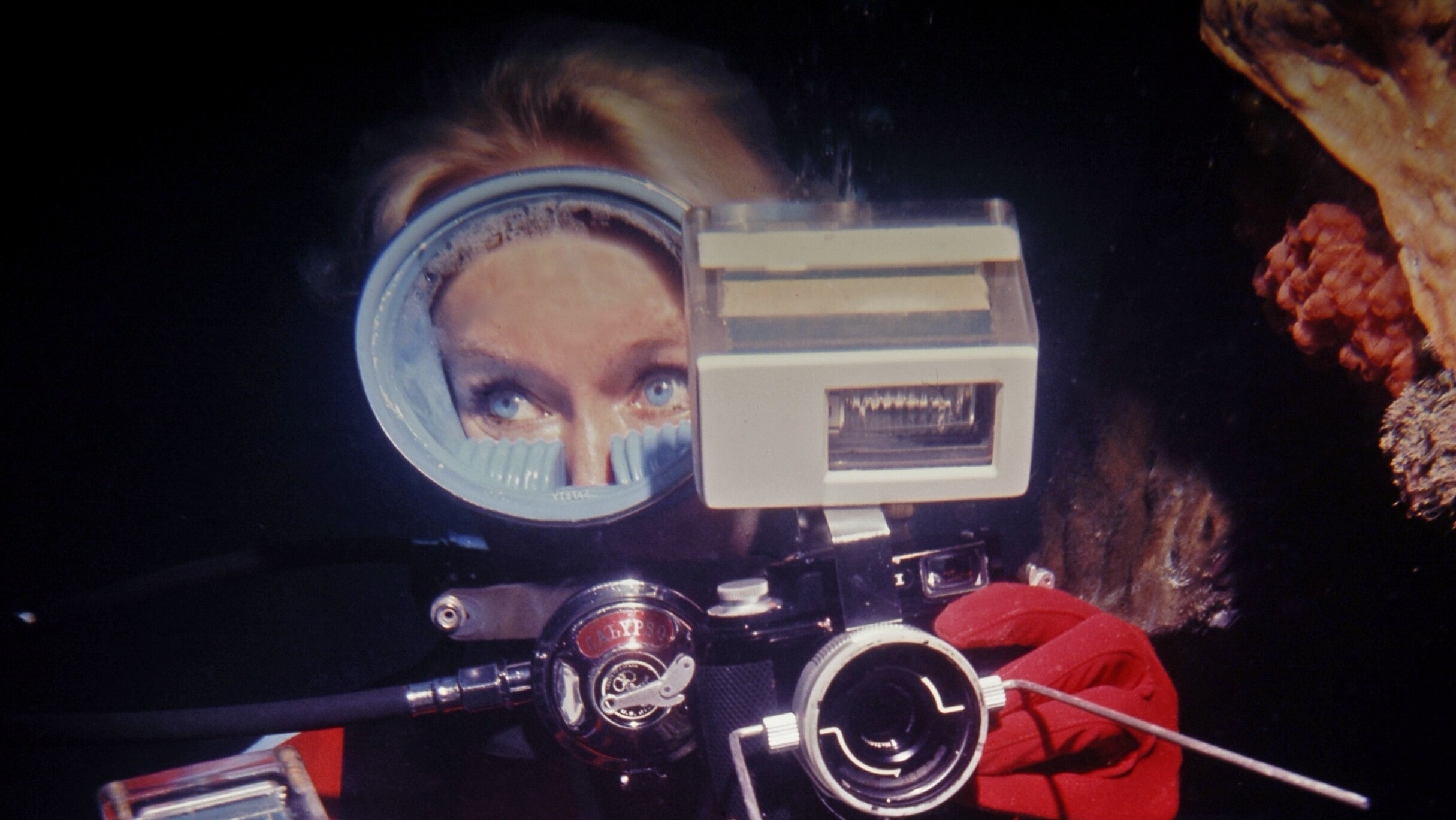 Valerie Taylor underwater with camera equipment, 1970. (photo credit: Ron & Valerie Taylor)