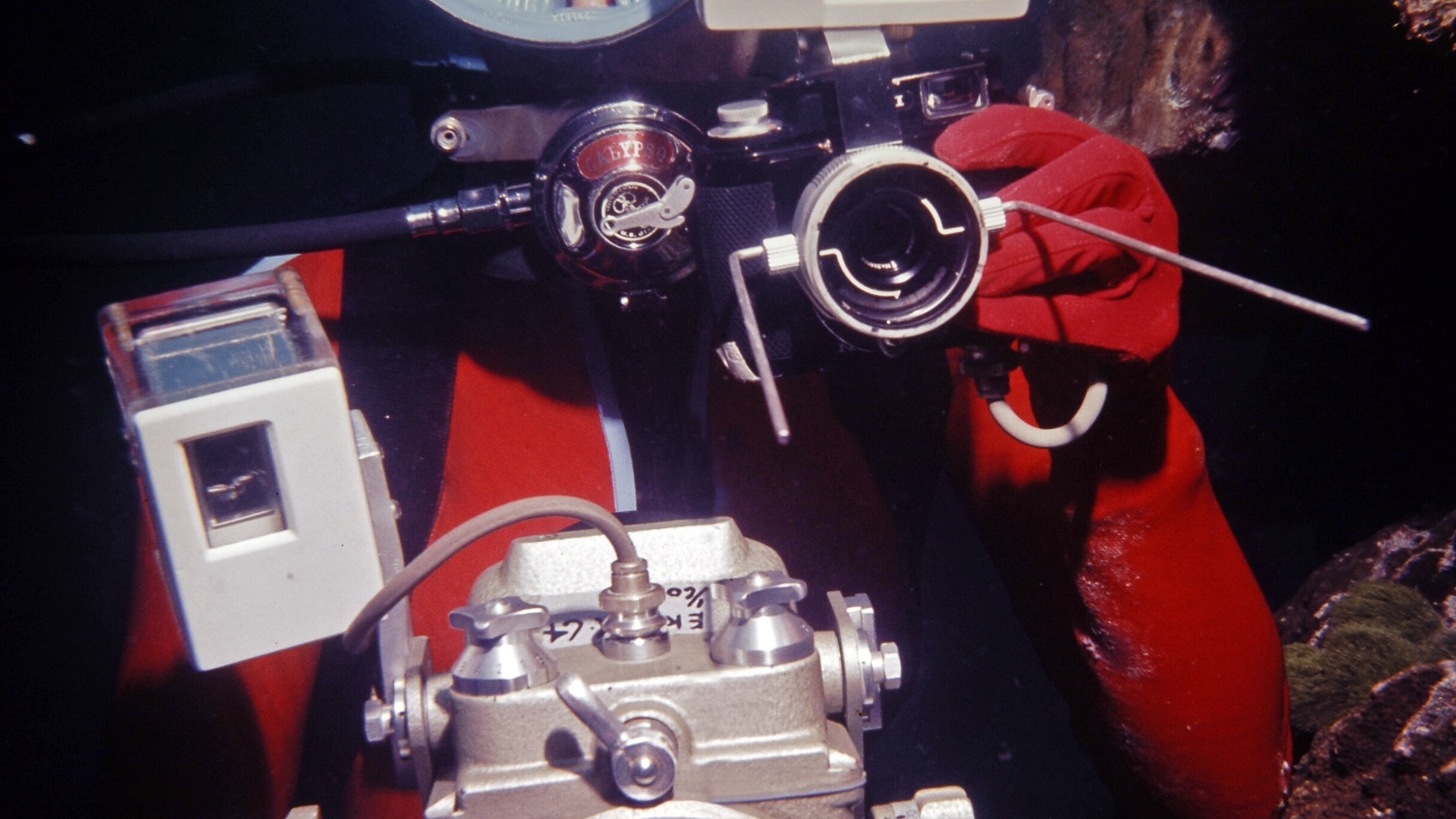 Valerie Taylor underwater with camera equipment, 1970.  (photo credit: Ron & Valerie Taylor)