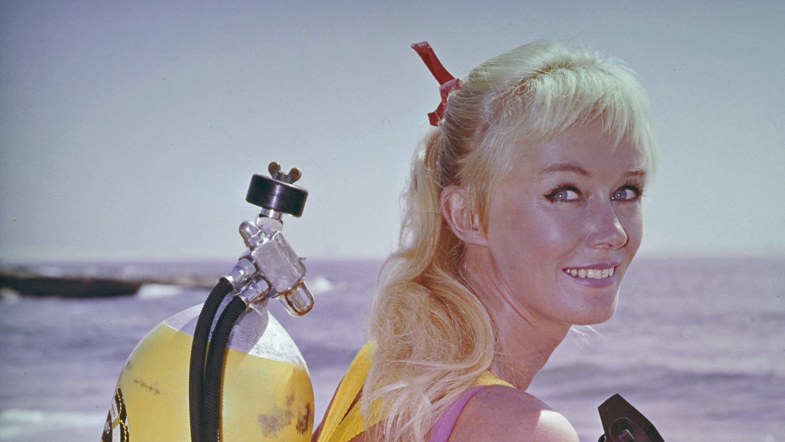 Valerie Taylor with scuba equipment, 1964.  (photo credit: Ron & Valerie Taylor)