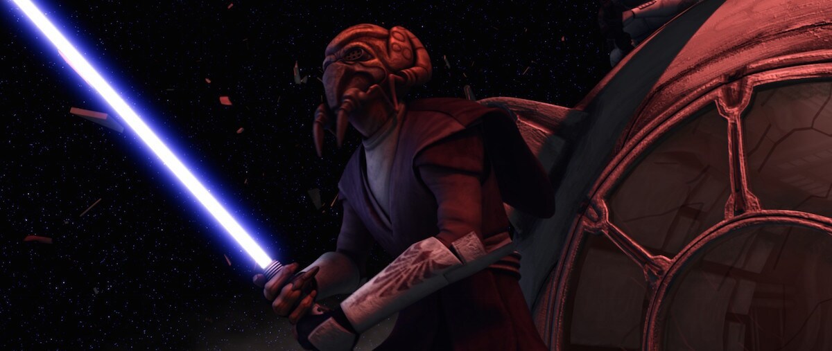 Plo Koon defends an escape pod in the vacuum of space