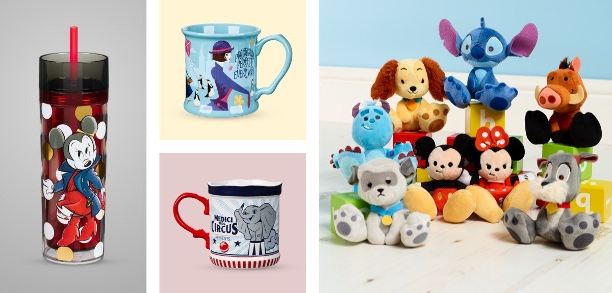 A selection of mugs, water bottles and small soft toys available at shopDisney 
