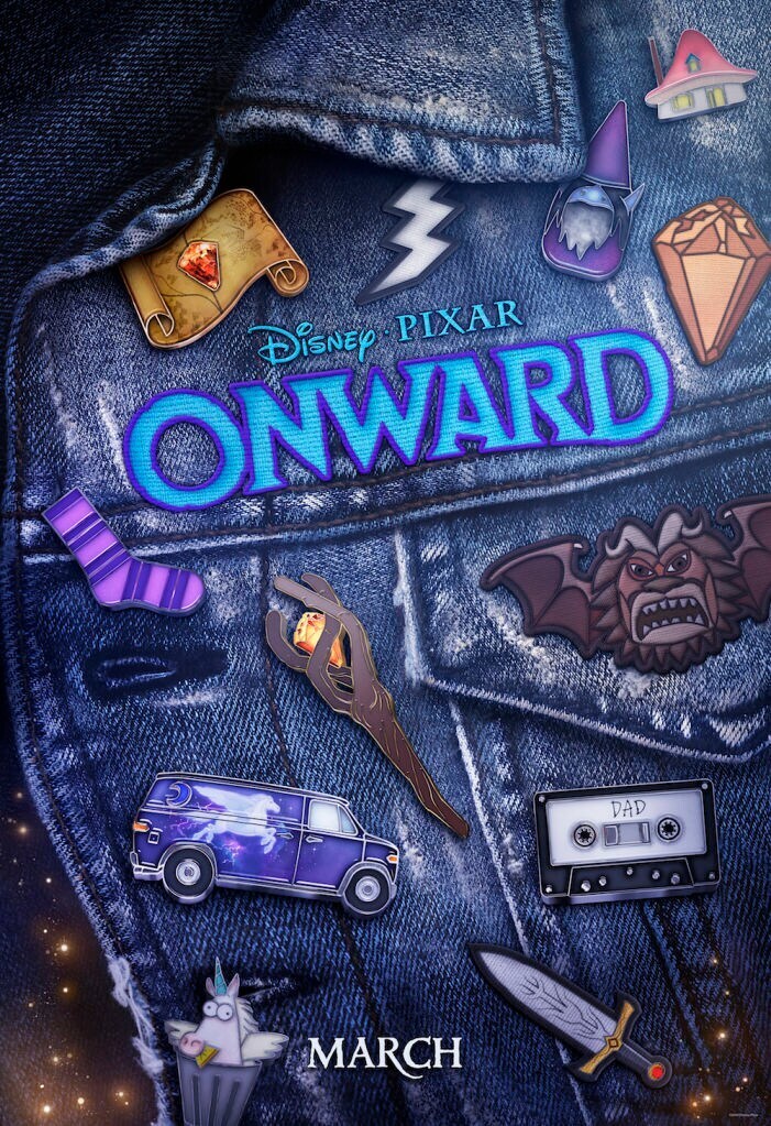 D23 Expo Onward Poster of a denim jacket with enamel pins - including a sword, a mix tape, a purple van with a unicorn, a purple sock and a map with a jewel in the center.