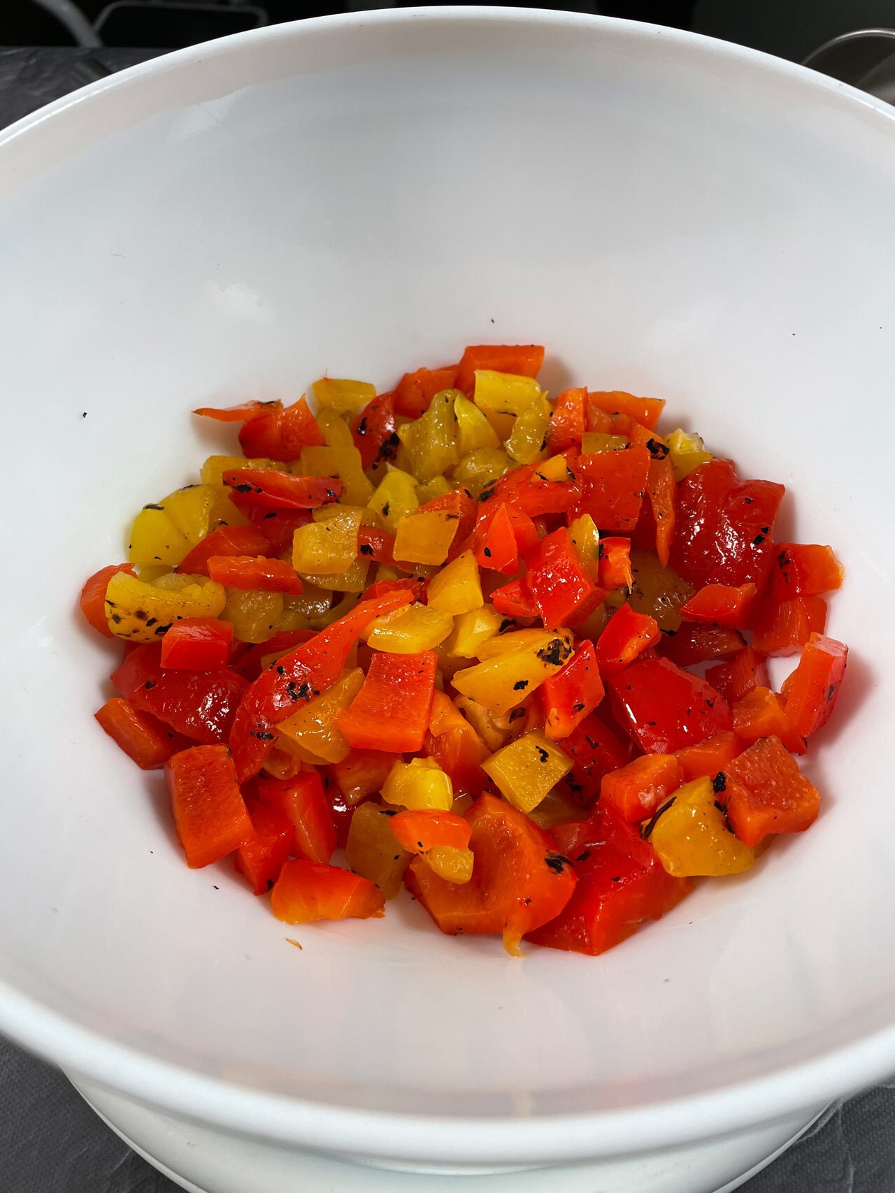 Chopped peppers for Star Wars-themed pog soup recipe.