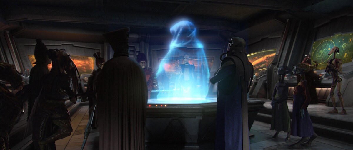 Poggle and other Separatist leaders on Mustafar in a holocall with Darth Sidious