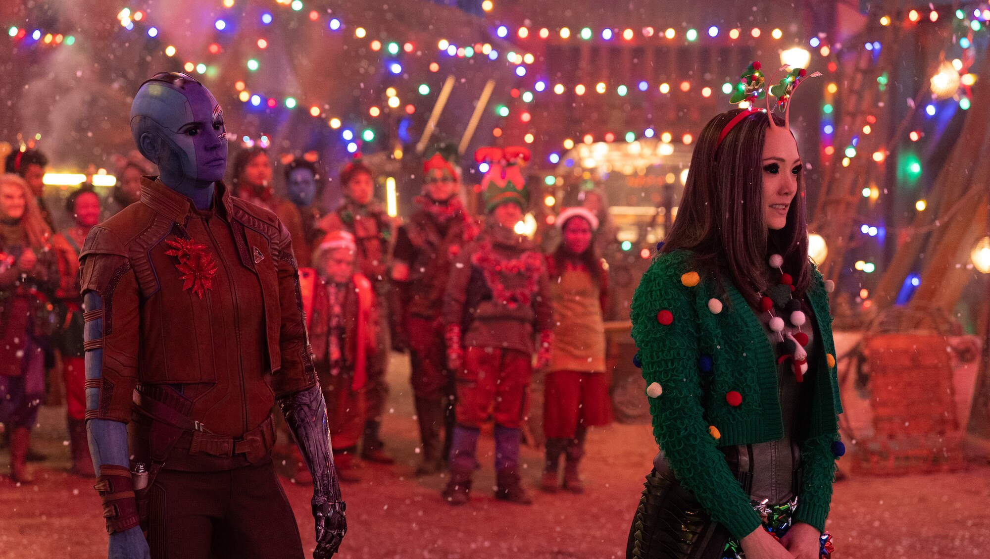(L-R): Karen Gillan as Nebula and Pom Klementieff as Mantis in Marvel Studios' The Guardians of the Galaxy: Holiday Special, exclusively on Disney+. Photo by Jessica Miglio. © 2022 MARVEL.