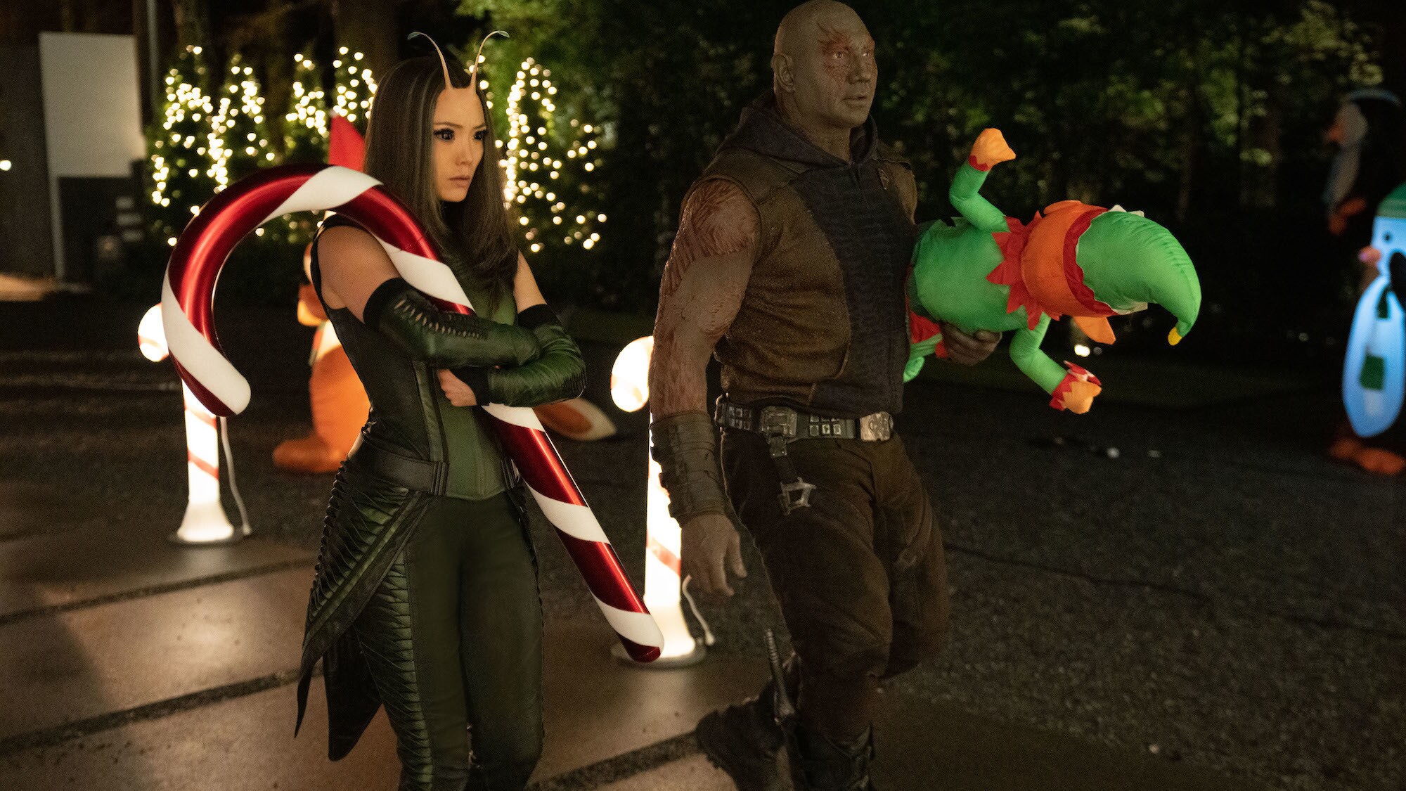 (L-R): Pom Klementieff as Mantis and Dave Bautista as Drax in Marvel Studios' The Guardians of the Galaxy: Holiday Special, exclusively on Disney+. Photo by Jessica Miglio. © 2022 MARVEL.
