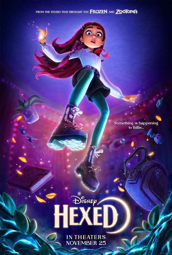 Image of the animated character Billie (voiced by Hailee Steinfeld) with a look of concern while hovering among several objects. | From the studio that brought you Frozen and Zootopia | Something is happening to Billie. | Disney | Hexed | In theaters November 25 | movie poster