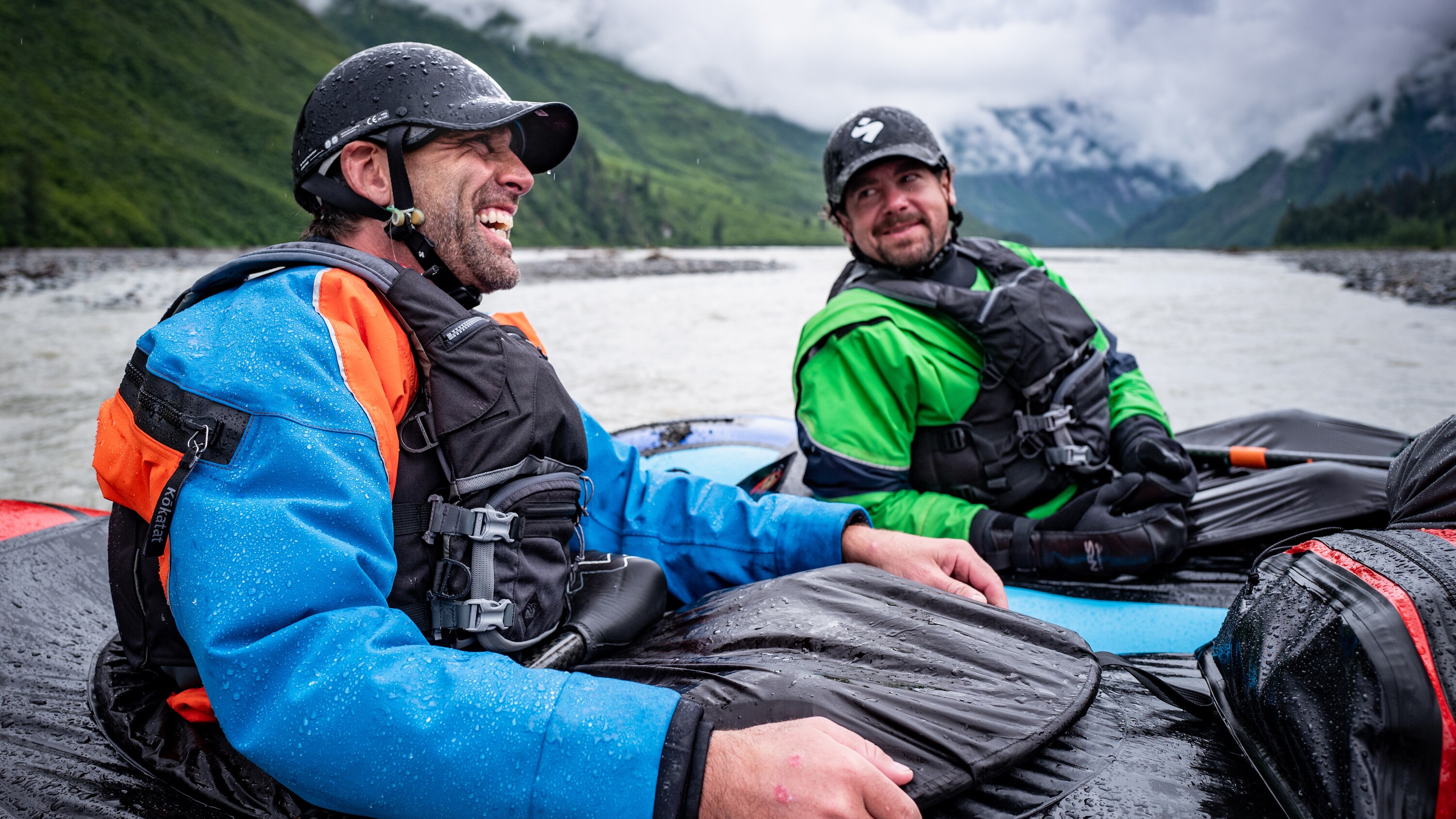 Blind Explorer Erik Weihenmayer and his friend Harlan Taney after a successful descent of rapids on the Tsirku river.  (National Geographic for Disney+/Oliver Richards)