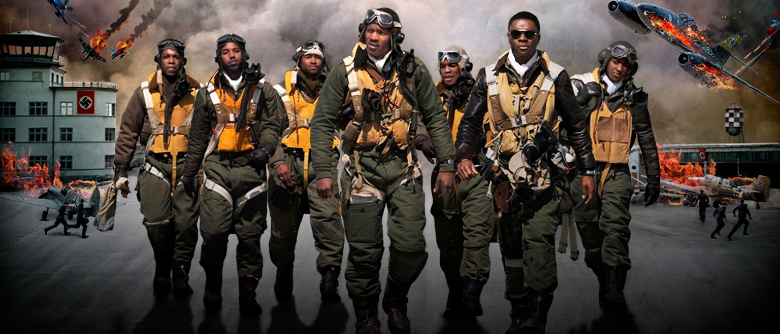 Image of the Maurice Wilson (actor Michael B. Jordan) and the Tuskegee Airmen in flight uniforms from the 20th Century Fox movie, "Red Tails."