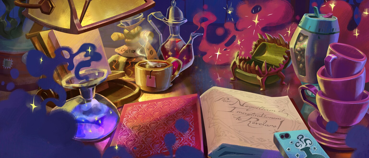 Image of a spellbook lying among different potion ingredients and magical items.