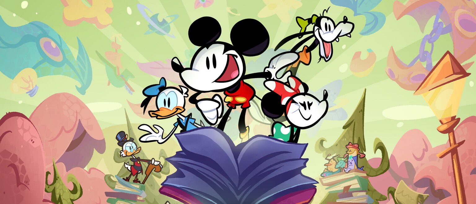 Illustrated image with Mickey, Minnie, Donald and Goofy coming out of a book from the Disney game, "Disney Illusion Island starring Mickey & Friends."