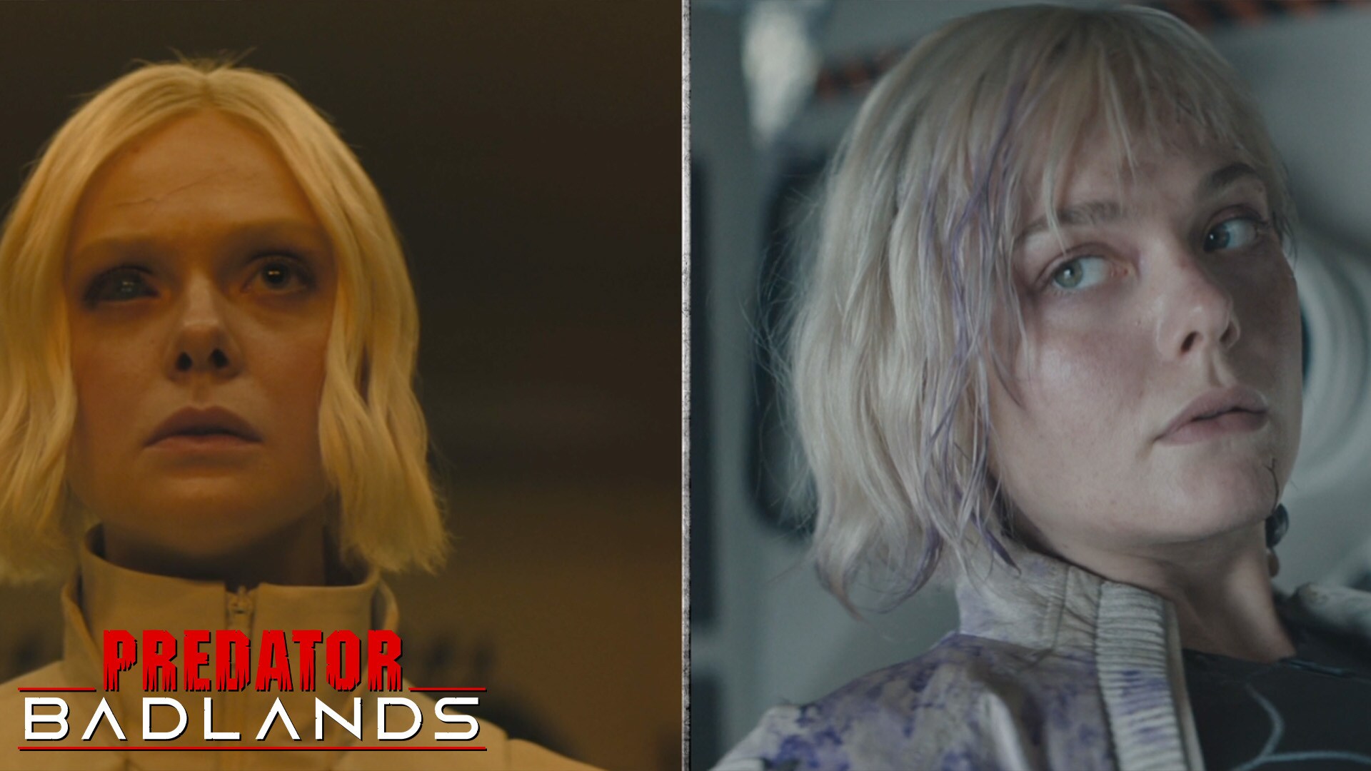 Split-screen image of actor Elle Fanning as the Weyland-Yutani synth. | Predator: Badlands