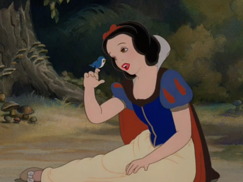 Snow White singing to a blue bird, from the animated movie "Snow White and the Seven Dwarfs"