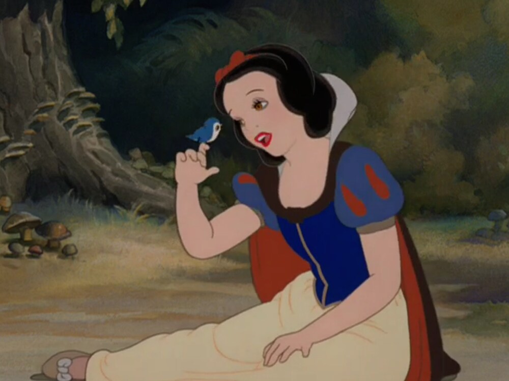 Blancanieves cantando a un pájaro azul, de la película animada "Blancanieves y los Siete enanitos"