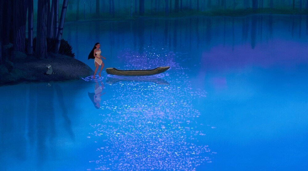 Pocahontas at a river in front of a boat